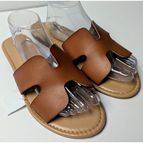 Montego Bay Club Cognac Sandals WOMENS 11 Vegan Leather Slip On Slides Cruise - Picture 3 of 8